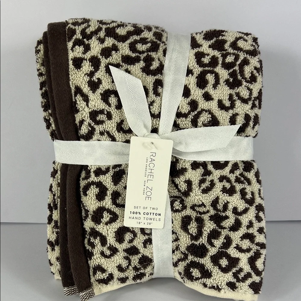 2 Pc Rachel Zoe Leopard Cheetah Animal Print Bath Hand Towels 100% Cotton NEW